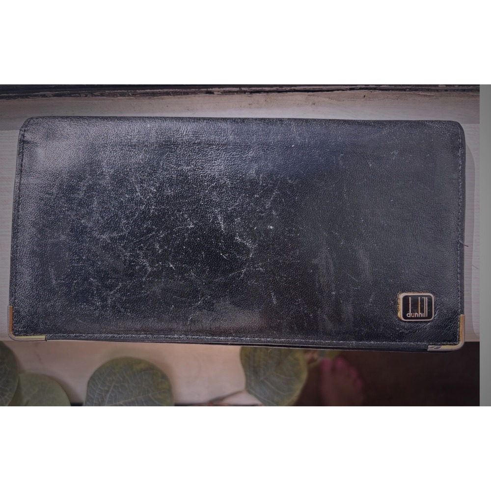 Dunhill Black Leather Long Bifold Wallet Gold Corner Accents Vintage Mens